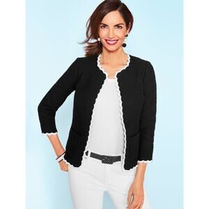 Women's Talbots RSVP Blazer Black White Cotton Tweed Scallop Edge Jacket size 14